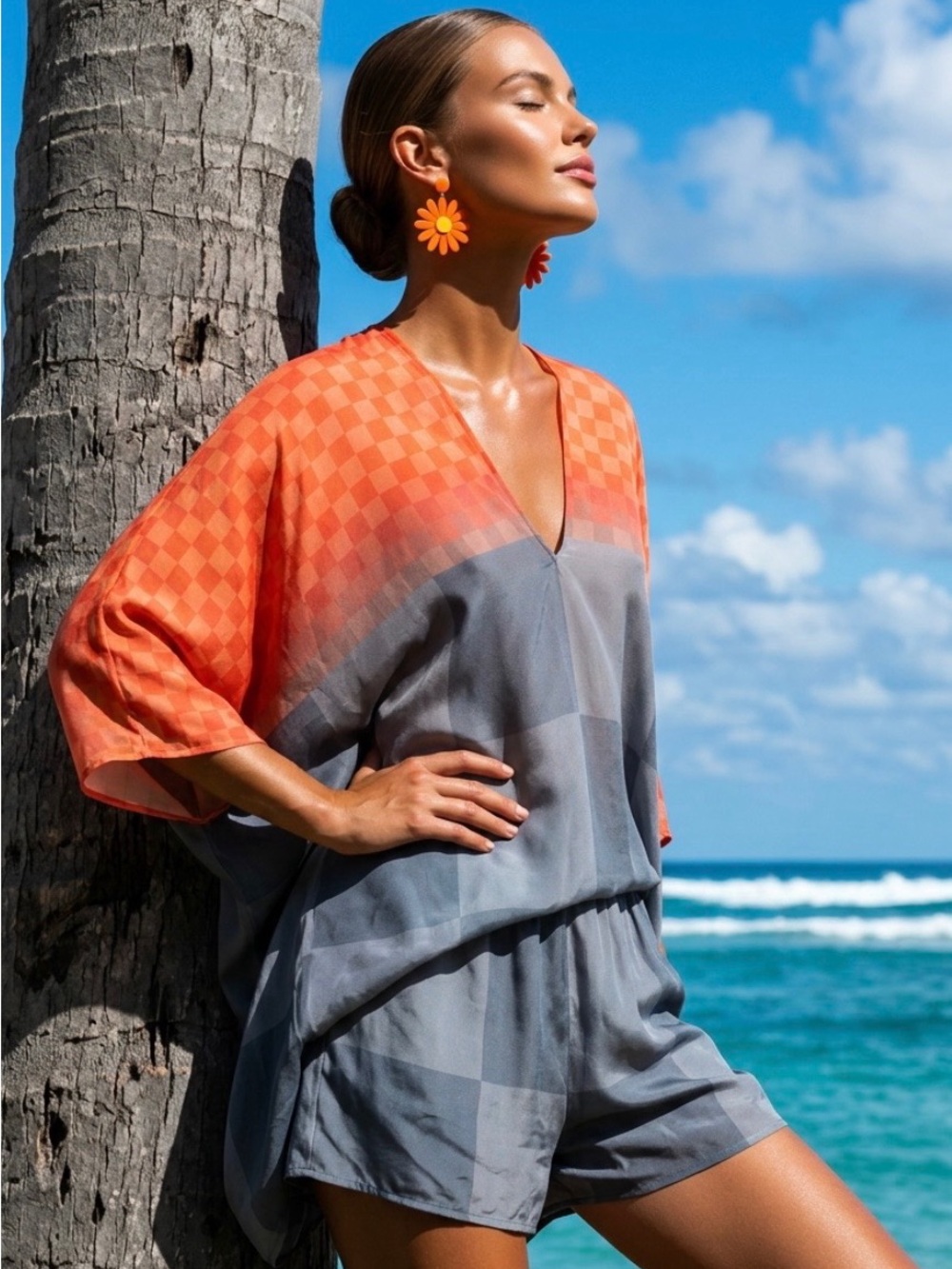 DRIES VAN NOTEN Silk Check Kaftan Blouse Top Shirt Semi Sheer Checkered Flowy